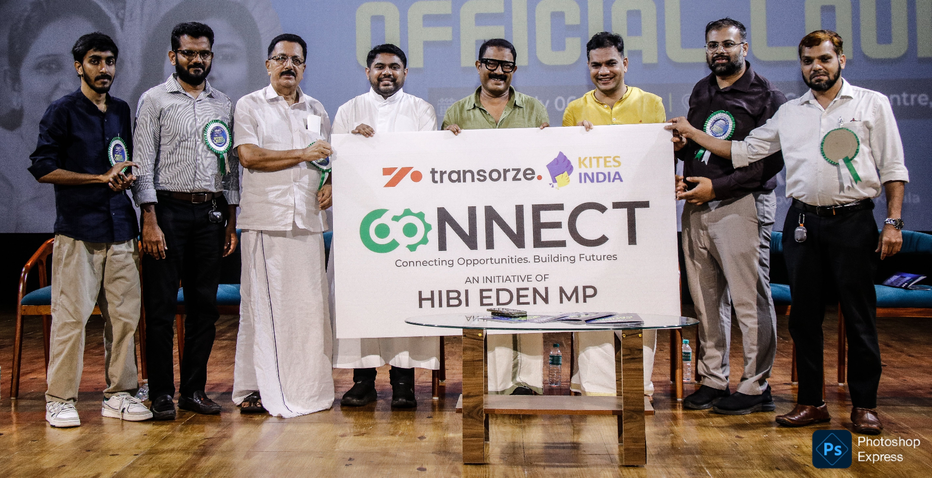 Official launch of CONNECT with Hibi Eden MP and partners on stage in Kochi